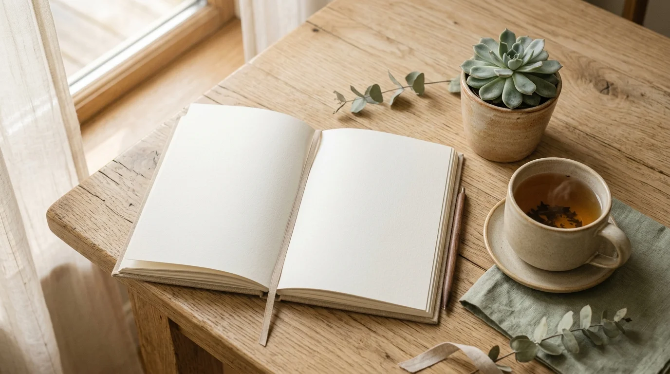 Offenes Notizbuch und Tasse Tee auf hellem Holztisch, ruhige Arbeitsatmosphäre